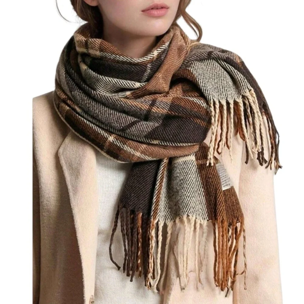 Self Service Plaid Woolen Scarf Shawl Wrap Brown Earth Tones New